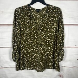 Bobeau Floral Blouse Womens XL Green Roll Tab Sleeve V-Neck Top Relaxed Fit